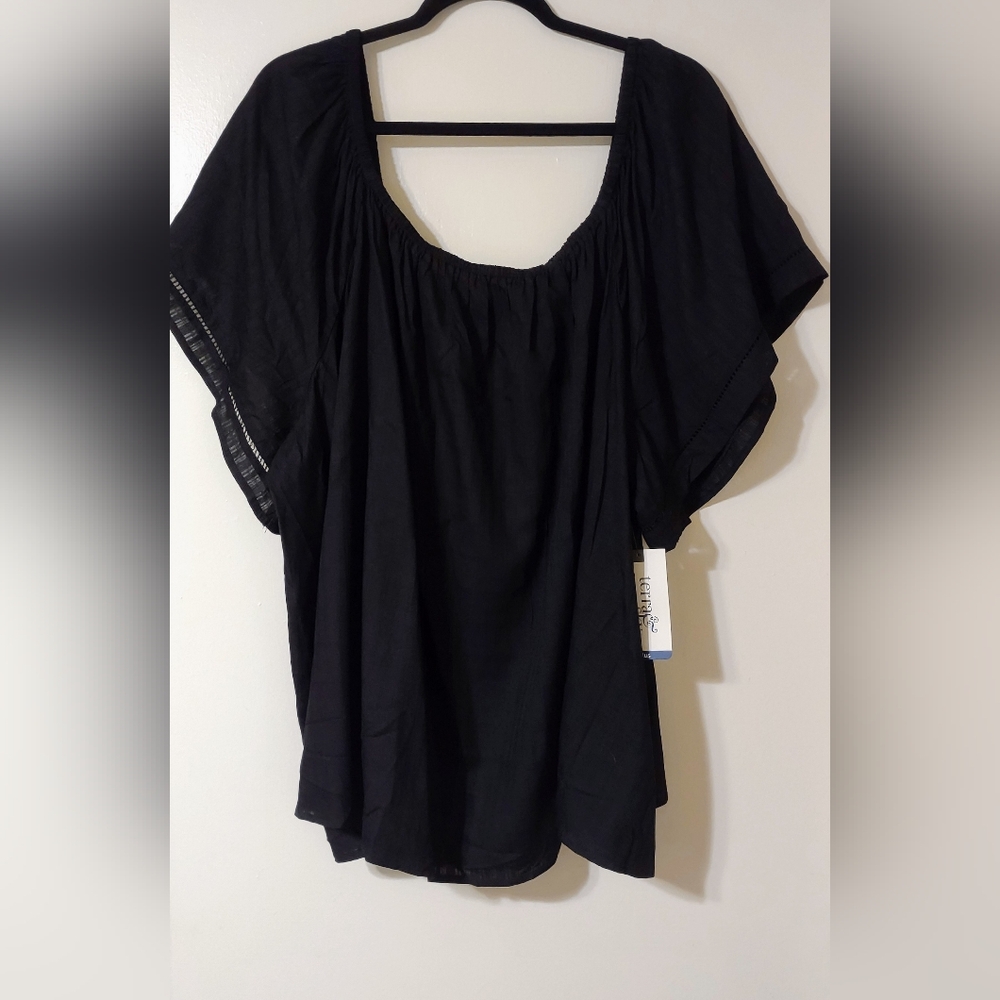 Women's 5X Peasant Black Top with Flutter Sleeves NWT